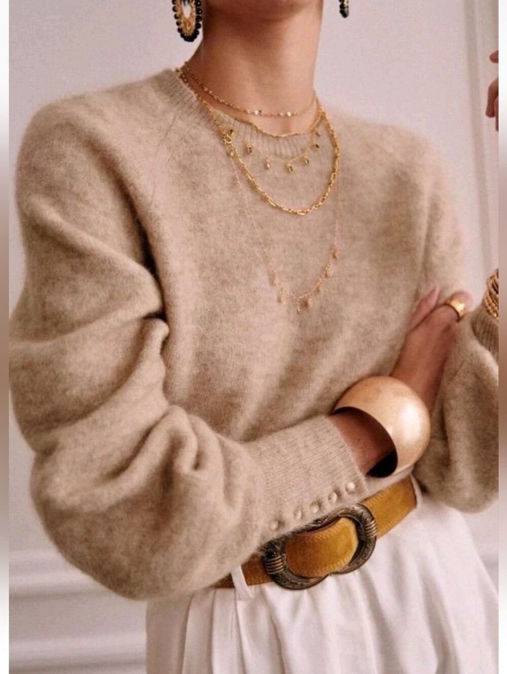 SÉZANE Louise Beige Mohair Jumper Button Sleeve Crew Sweater NWOT